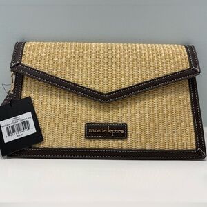 Nanette  Lepore Aiza Natural Straw Raffia Envelope Wristlet Clutch Tan Brown NWT